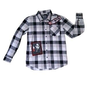 Ghost Face Long Sleeve Black White Plaid Flannel Icon Halloween Scream Adult S